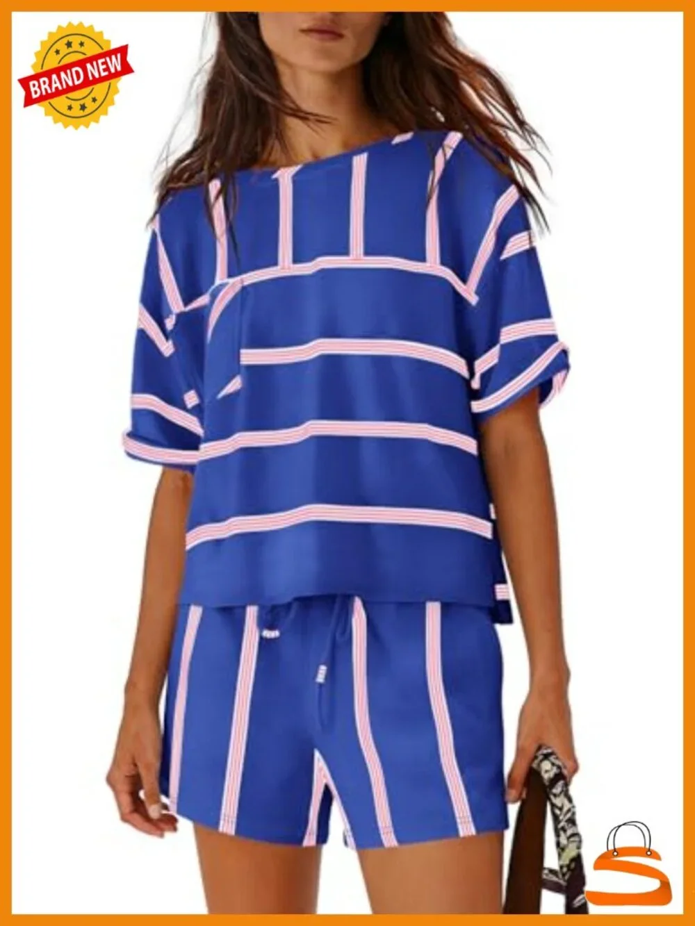 Cotton Blend Striped Lounge Set 2 Piece Short Sleeve Top and Drawstring Shorts